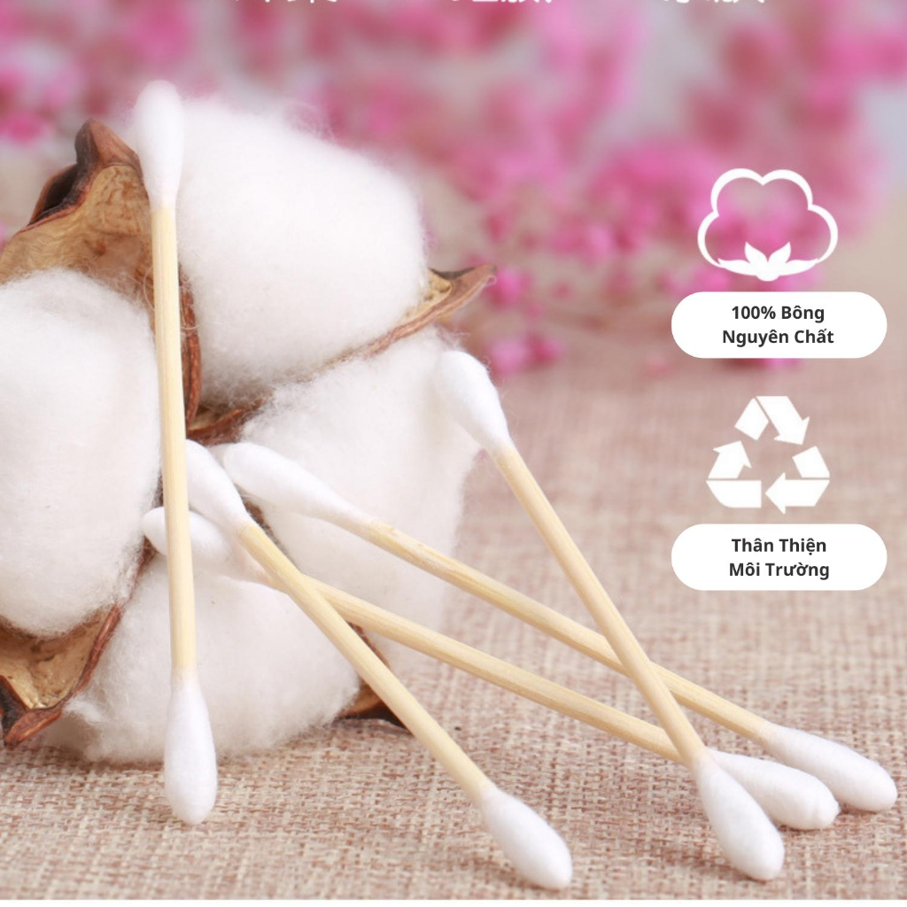 Tăm Bông Ngoáy Tai Thân Gỗ Hộp 100 Cây Chính Hãng, Bông Tăm Ngoáy Tai Thân Thiện Môi Trường An Toàn Tiện Lợi