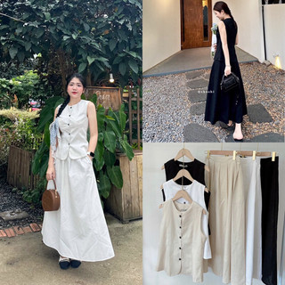 Set áo gile cổ tròn chân váy dài chất linen