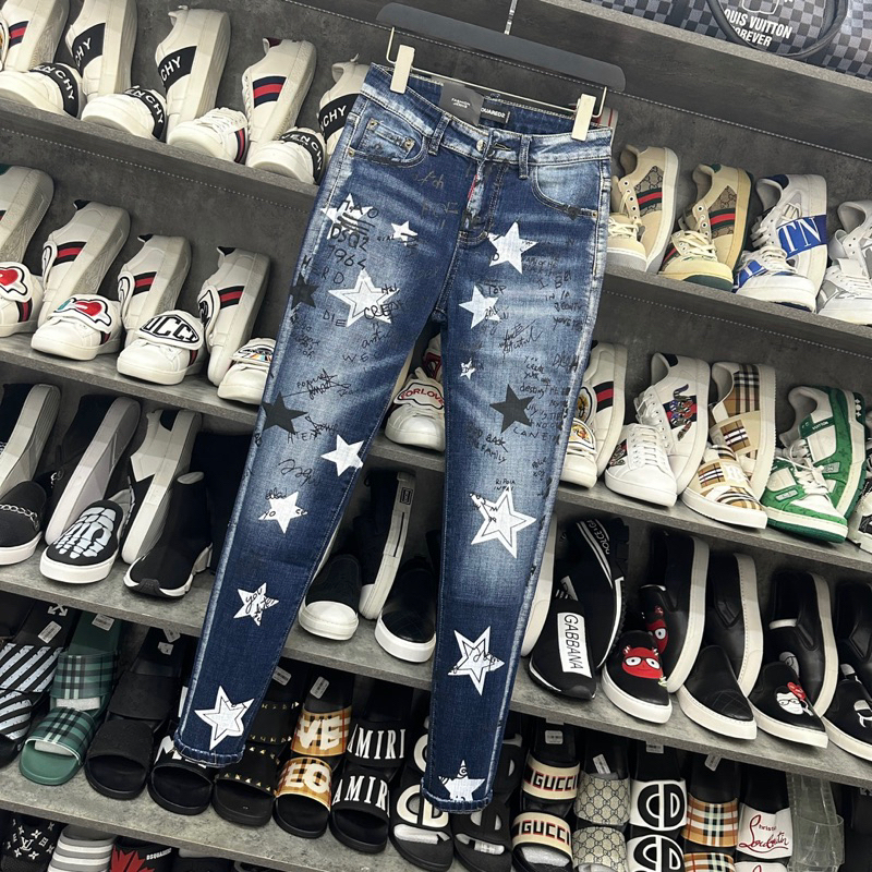 Quần jean bò nam DSQ2 slimfit xanh dập chữ hình ngôi sao đen trắng vải denim dày dặn cao cấp QJ221