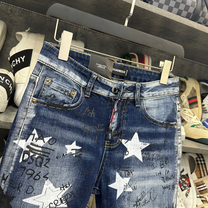 Quần jean bò nam DSQ2 slimfit xanh dập chữ hình ngôi sao đen trắng vải denim dày dặn cao cấp QJ221