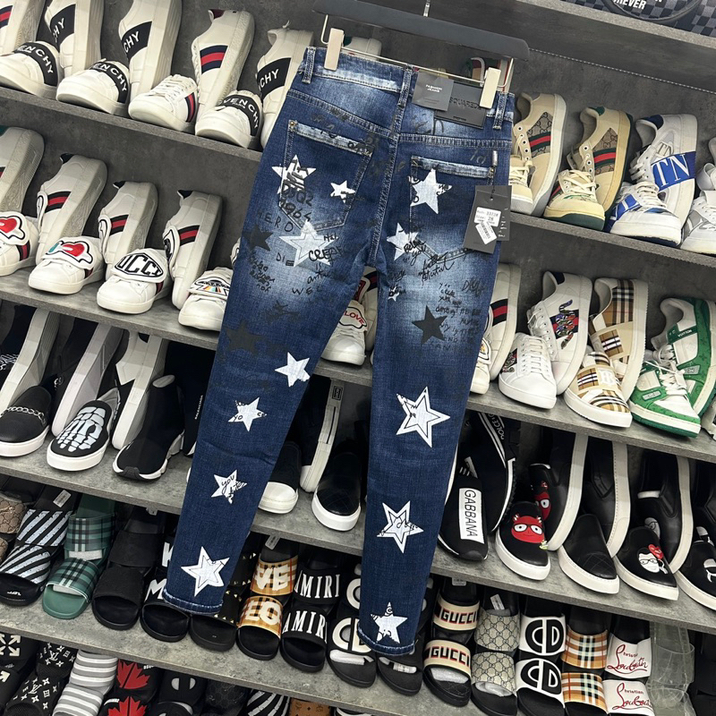 Quần jean bò nam DSQ2 slimfit xanh dập chữ hình ngôi sao đen trắng vải denim dày dặn cao cấp QJ221