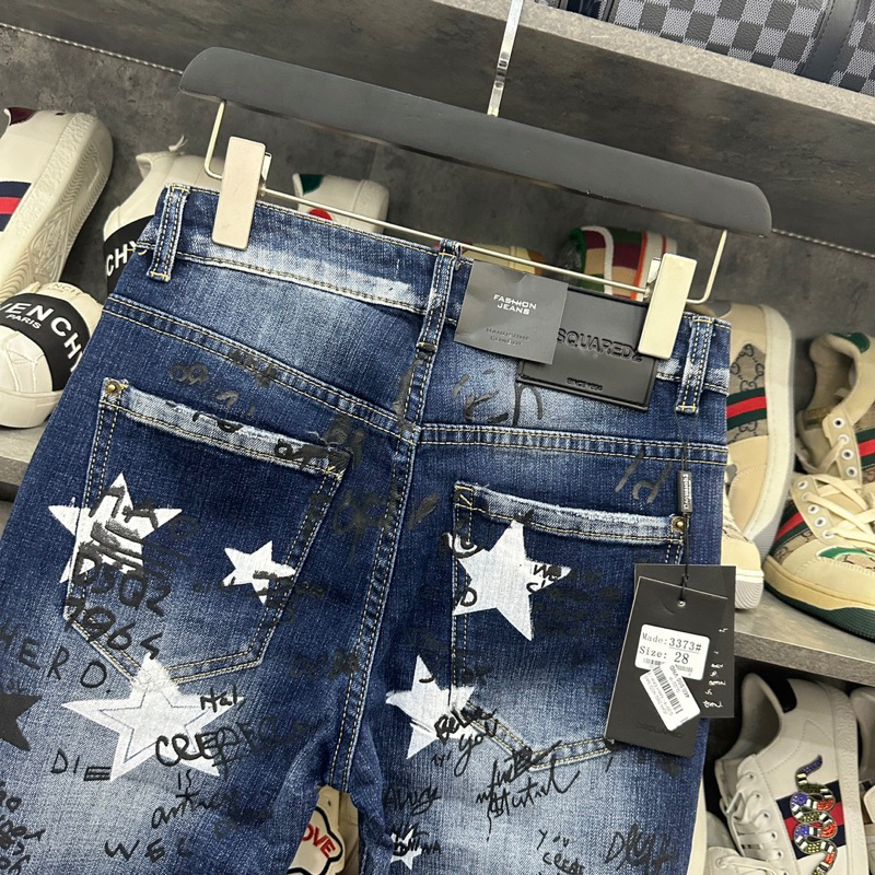 Quần jean bò nam DSQ2 slimfit xanh dập chữ hình ngôi sao đen trắng vải denim dày dặn cao cấp QJ221