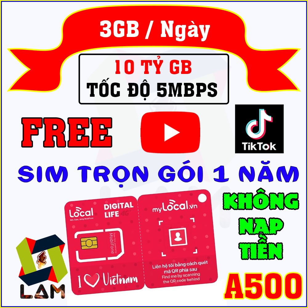 SIM 4G LOCAL A500 MOBIFONE FREE 1 TỶ GB-Dùng 1 năm