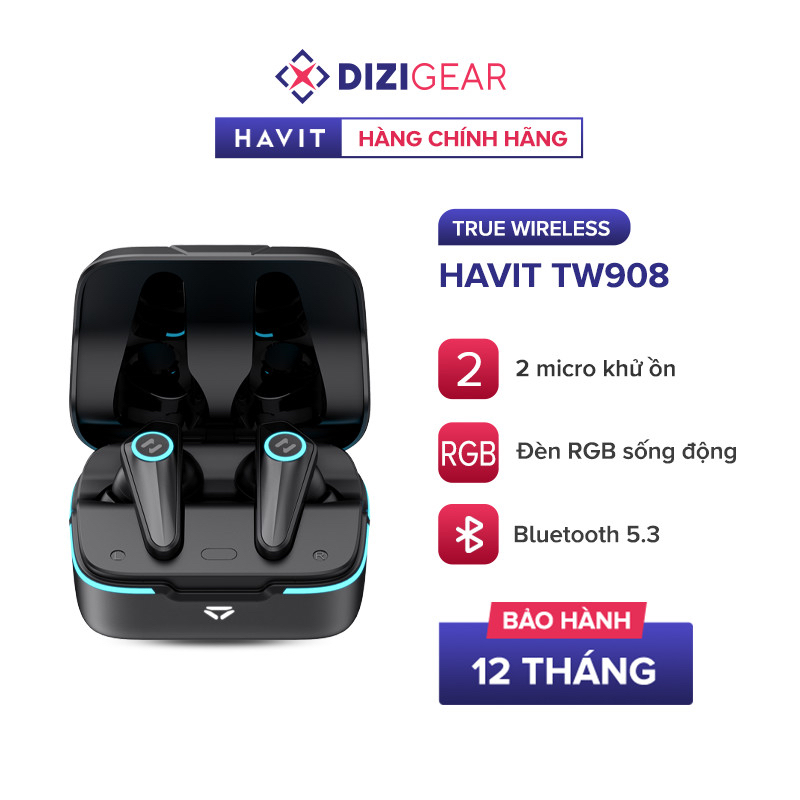 Tai Nghe Gaming TWS HAVIT TW908, BT 5.3,Gamemode 60ms, Đèn RGB, 2 Mic Khử Ồn, Nghe Đến 24H - Chính Hãng BH 12Th Dizigear