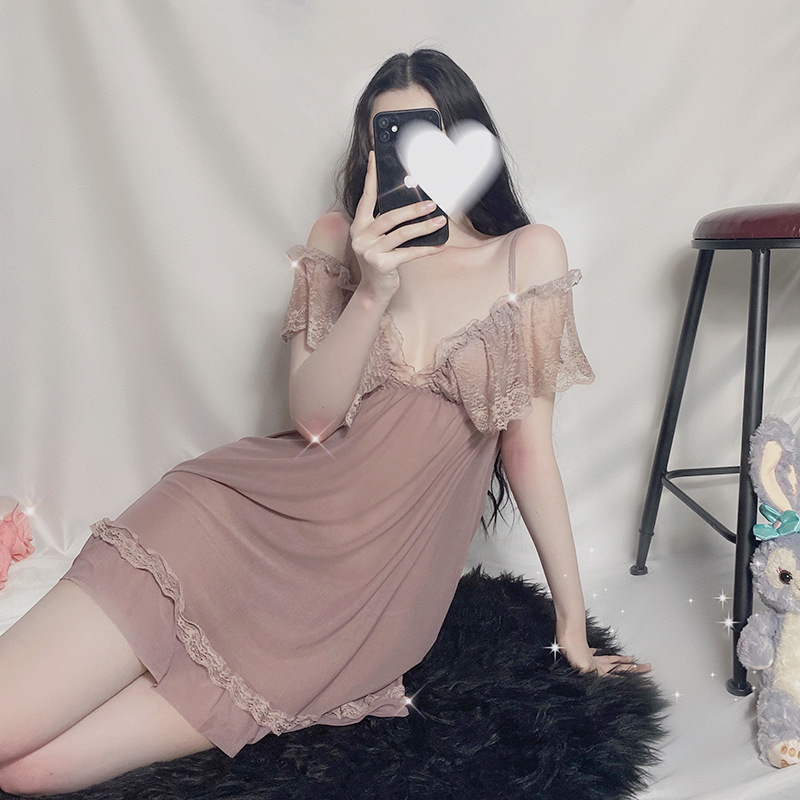 Váy ngủ sexy đầm hai dây trễ vai đẹp dây co dãn ren xuyên thấu quyến rũ sang trọng, kèm quần lọt khe – Sinni