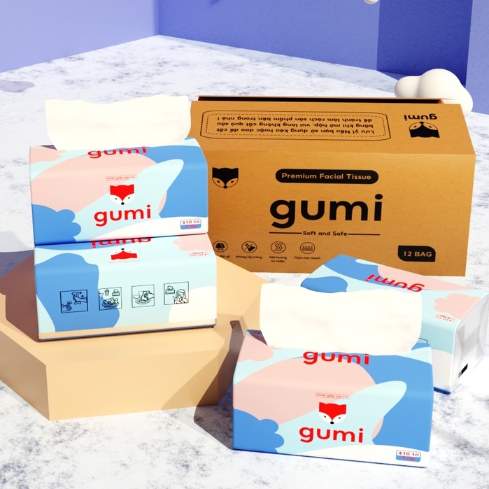Thùng 20 gói và bịch xách 5 gói giấy ăn Gumi 5 lớp loại to, siêu dai dày dặn mềm mịn chính hãng