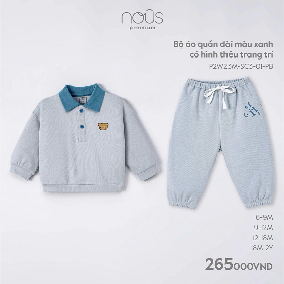 Bộ Nous quần áo dài màu xanh có hình thêu trang trí cho bé 6M/9M/12M/18M