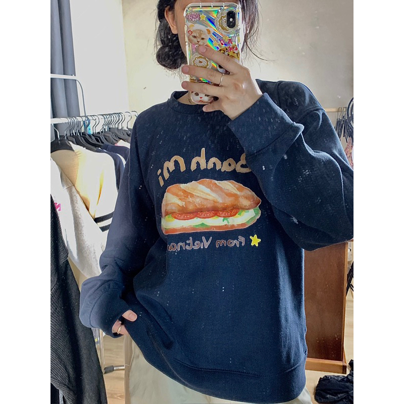 Áo Sweater Nỉ Bông dài tay nữ hình in “BÁNH MÌ VIỆT NAM” màu xanh than dài tay dày dặn form rộng basic