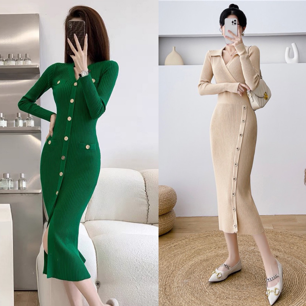 Váy len body dáng dài, Váy len dáng dài phối cúc. Chất liệu len quảng châu cao cấp. mềm mại, Không xù luông