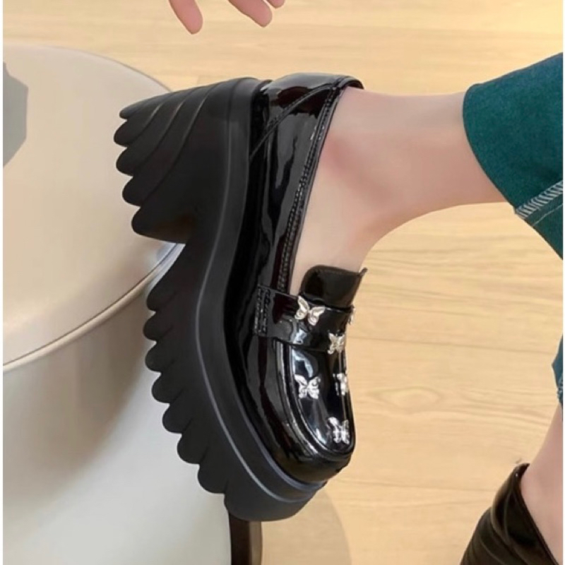 ORDER 🤎 Giày chunky da trơn gót logo thêu đế cao su 10cm 33-39