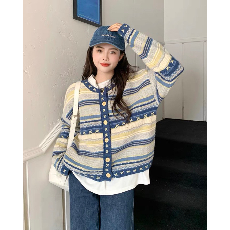 Áo khoác cardigan dài tay kẻ ngang hoạ tiết vintage phong cách Hàn Quốc