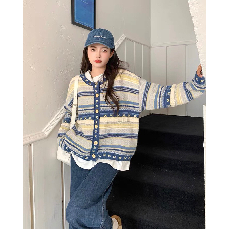 Áo khoác cardigan dài tay kẻ ngang hoạ tiết vintage phong cách Hàn Quốc