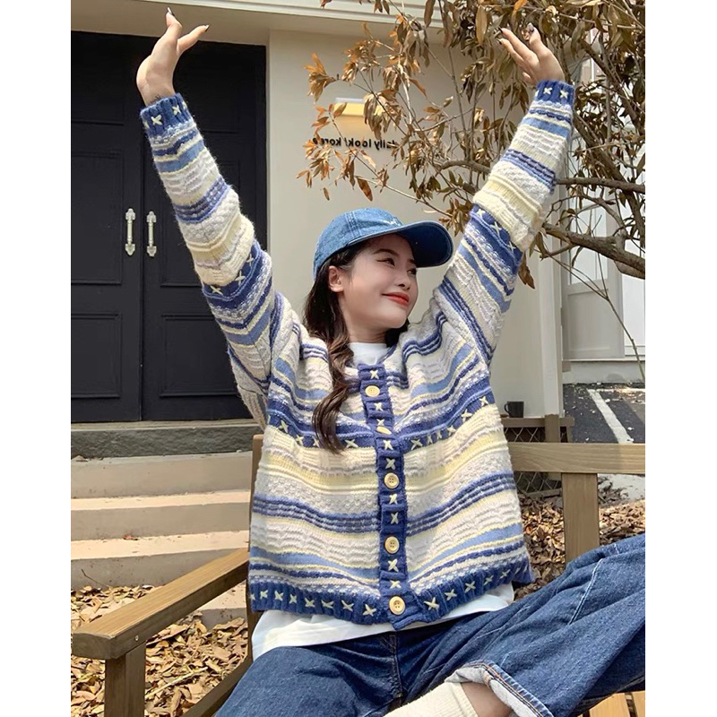 Áo khoác cardigan dài tay kẻ ngang hoạ tiết vintage phong cách Hàn Quốc