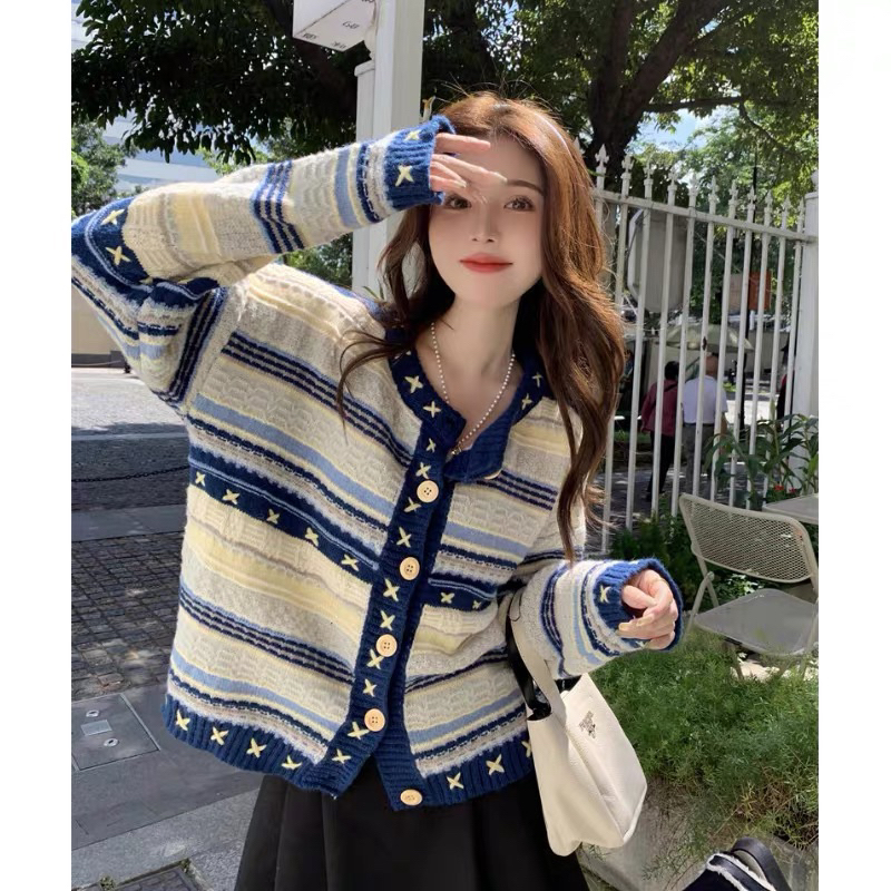 Áo khoác cardigan dài tay kẻ ngang hoạ tiết vintage phong cách Hàn Quốc