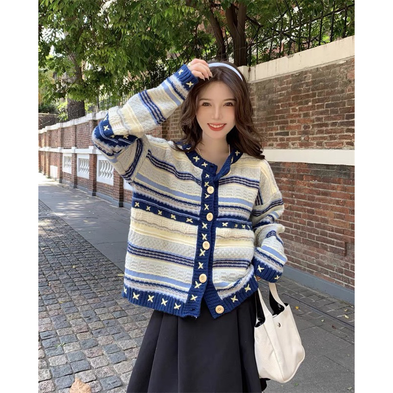 Áo khoác cardigan dài tay kẻ ngang hoạ tiết vintage phong cách Hàn Quốc