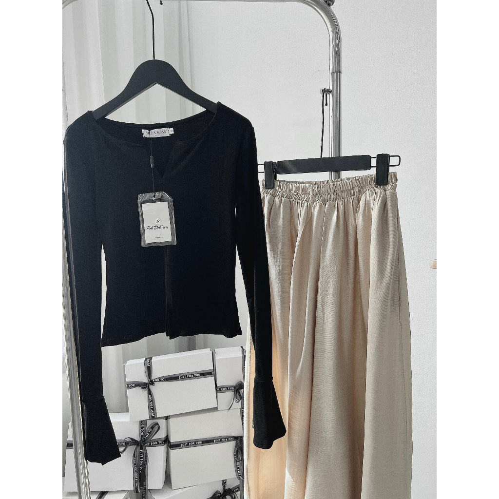 Set Áo Zip Cổ V Tay Loe YealNa Phối Quần Suông Cạp Cao Ống Rộng P24 Chiniestore