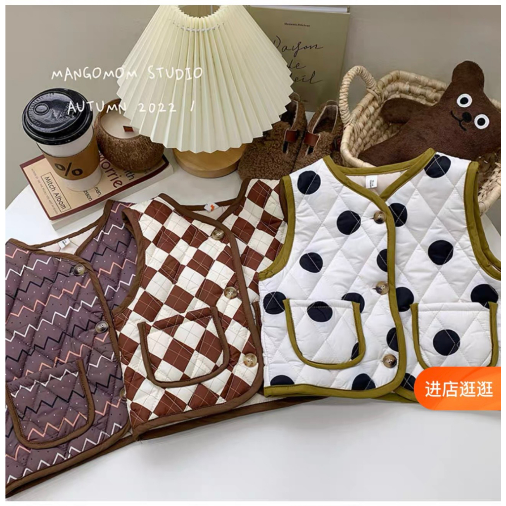 Áo Vest Ghile Mùa Thu Quảng Châu Chần Bông Mỏng Vải Gió Mềm Phối Túi PC Hàn Quốc Cho Bé Trai Bé Gái