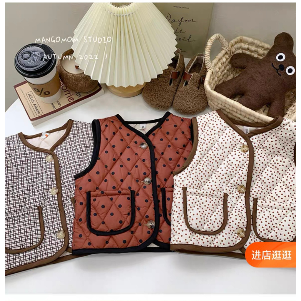 Áo Vest Ghile Mùa Thu Quảng Châu Chần Bông Mỏng Vải Gió Mềm Phối Túi PC Hàn Quốc Cho Bé Trai Bé Gái