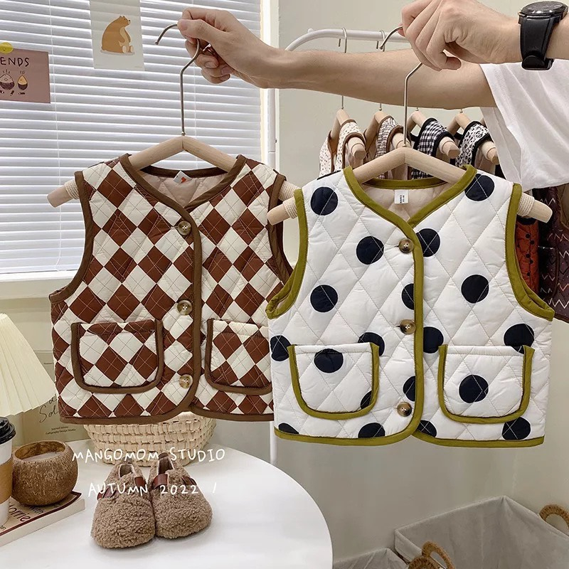 Áo Vest Ghile Mùa Thu Quảng Châu Chần Bông Mỏng Vải Gió Mềm Phối Túi PC Hàn Quốc Cho Bé Trai Bé Gái