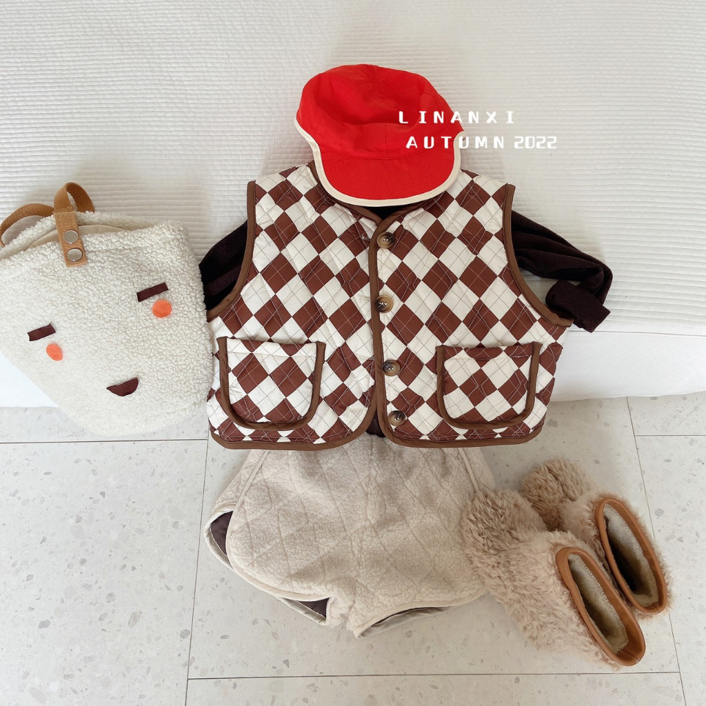 Áo Vest Ghile Mùa Thu Quảng Châu Chần Bông Mỏng Vải Gió Mềm Phối Túi PC Hàn Quốc Cho Bé Trai Bé Gái