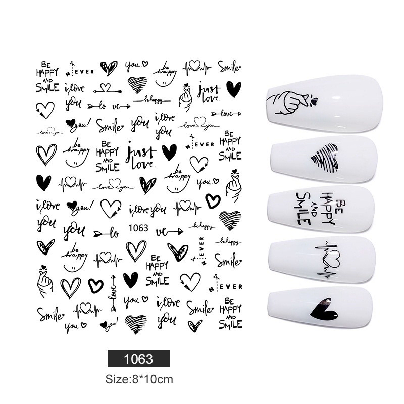 Sticker dán móng tay trái tim chữ trắng đen siêu hot