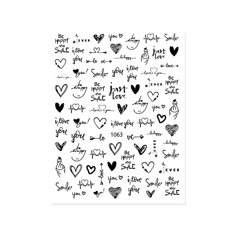 Sticker dán móng tay trái tim chữ trắng đen siêu hot