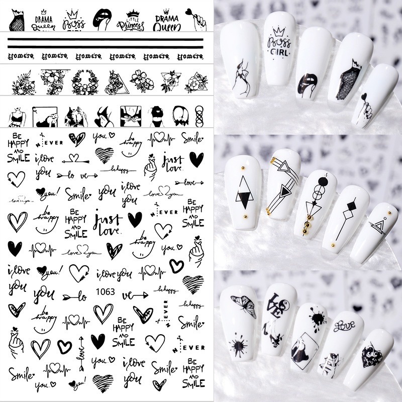 Sticker dán móng tay trái tim chữ trắng đen siêu hot