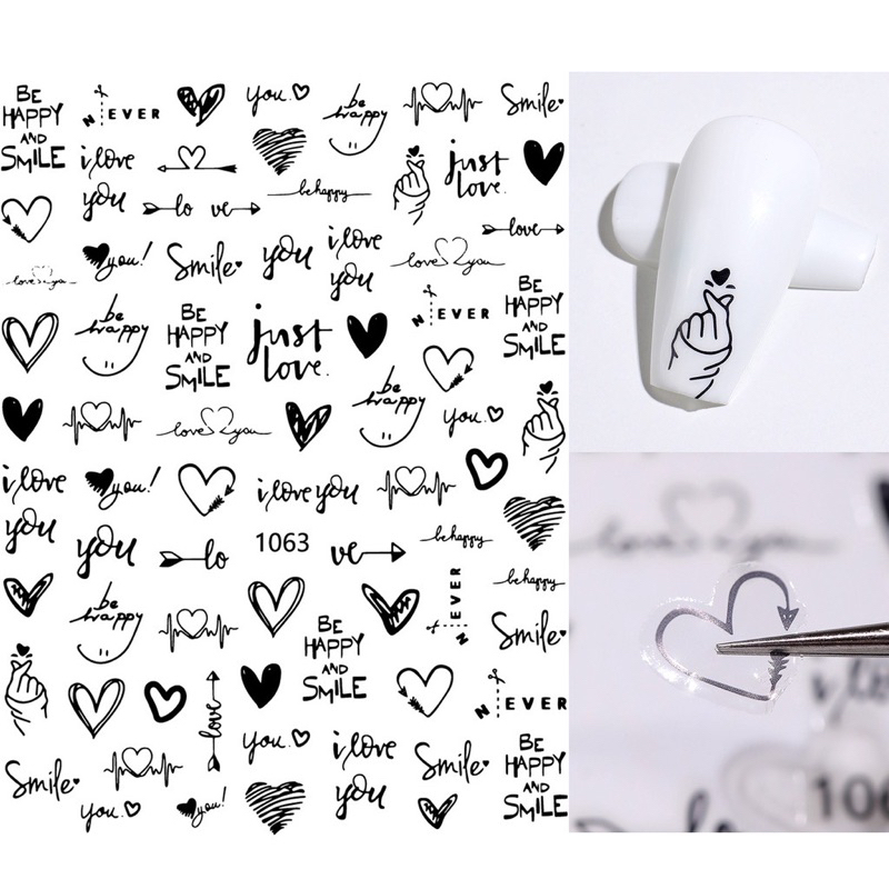 Sticker dán móng tay trái tim chữ trắng đen siêu hot