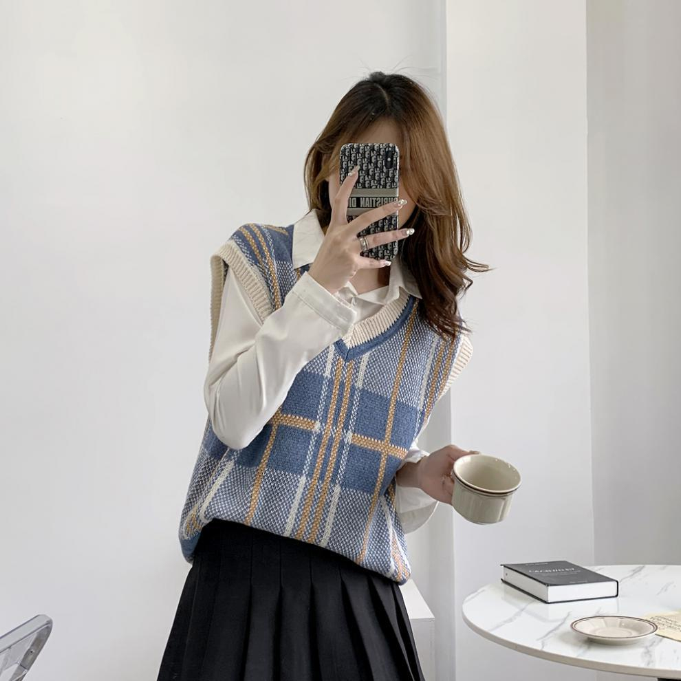 Áo ghi lê nữ hoa tiết ngang dọc phối màu, Áo len kẻ cổ V ullzang Hàn Quốc | BigBuy360 - bigbuy360.vn