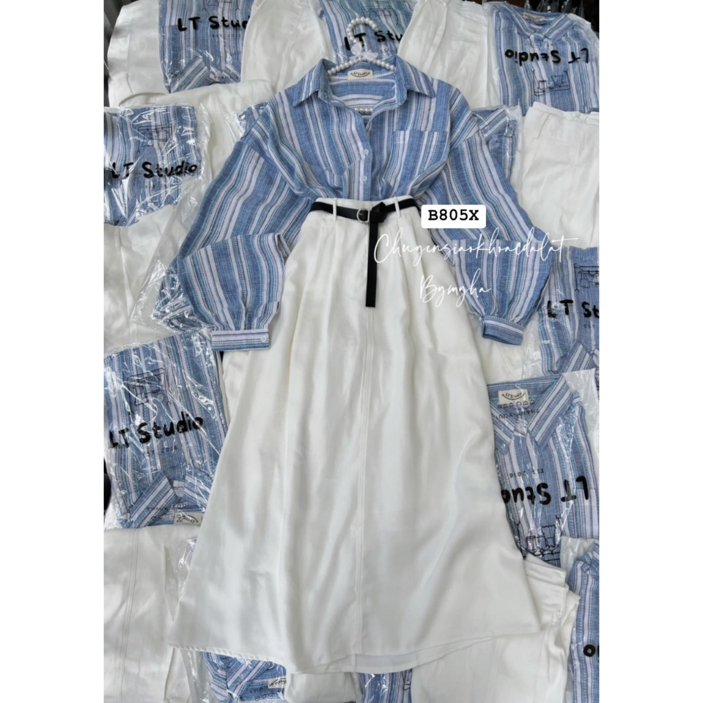 SET ÁO SƠ MI SỌC XANH+ CHÂN VÁY MIDI NHUNG TRẮNG