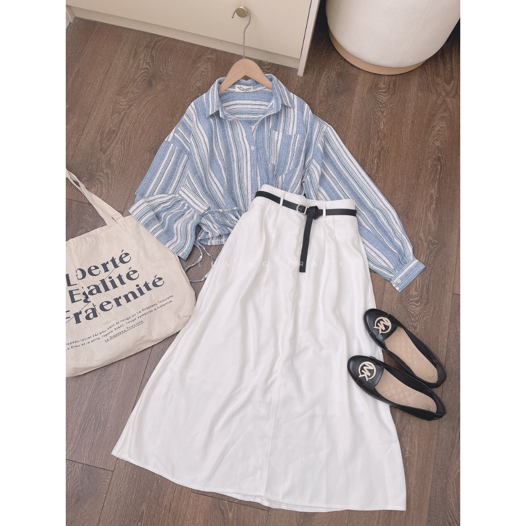 SET ÁO SƠ MI SỌC XANH+ CHÂN VÁY MIDI NHUNG TRẮNG