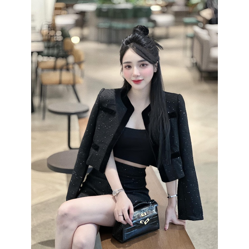 Set áo dạ sweet đính kim sa, Kèm quần ngắn sang chảnh hách dáng xỉu