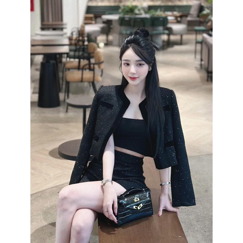 Set áo dạ sweet đính kim sa, Kèm quần ngắn sang chảnh hách dáng xỉu