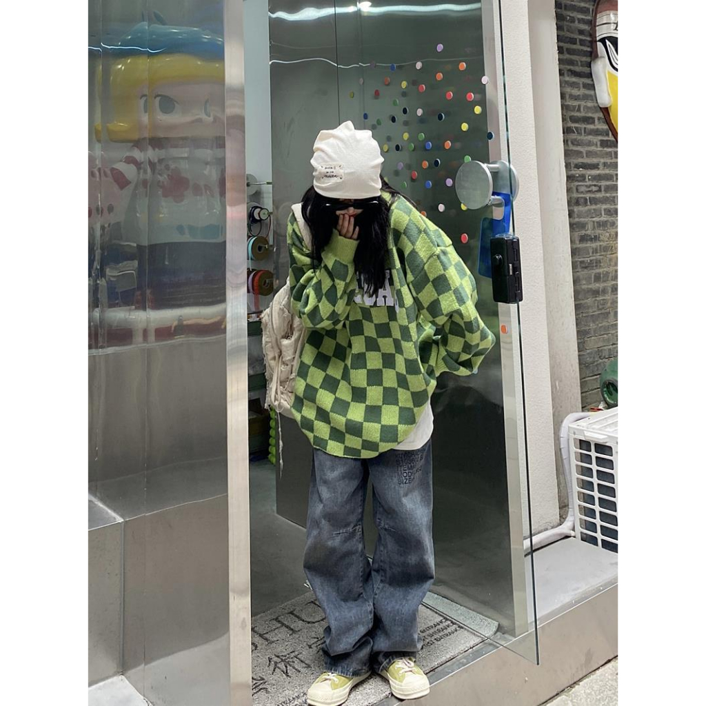 Áo sweater len dài tay hoa tiết kẻ caro bàn cơ, Áo len hottrend 2023