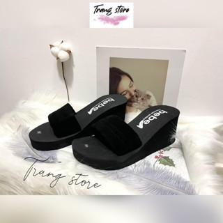 Dép xốp nữ cao gót 5cm-7cm quai ngang nhung đen đế độn siêu nhẹ