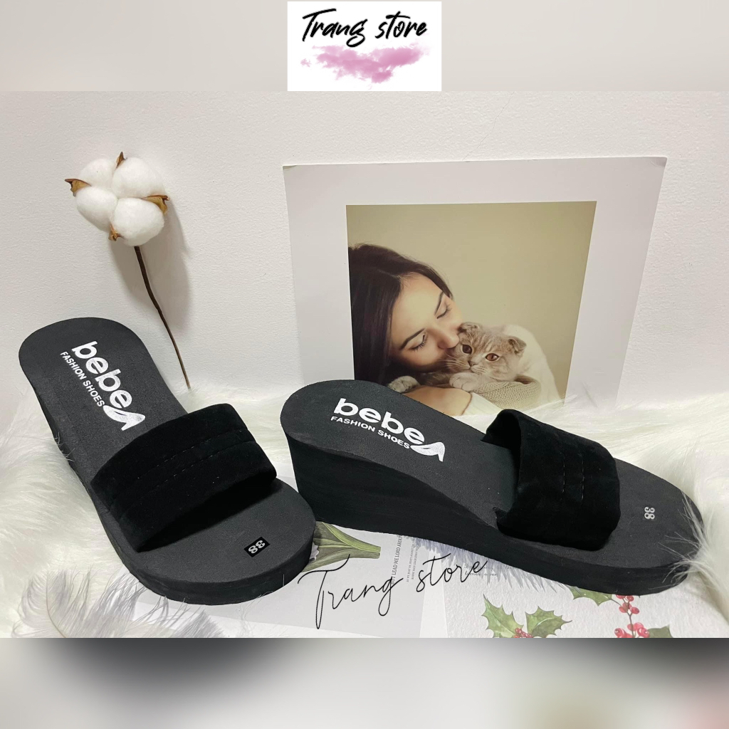 Dép xốp nữ cao gót 5cm-7cm quai ngang nhung đen đế độn siêu nhẹ