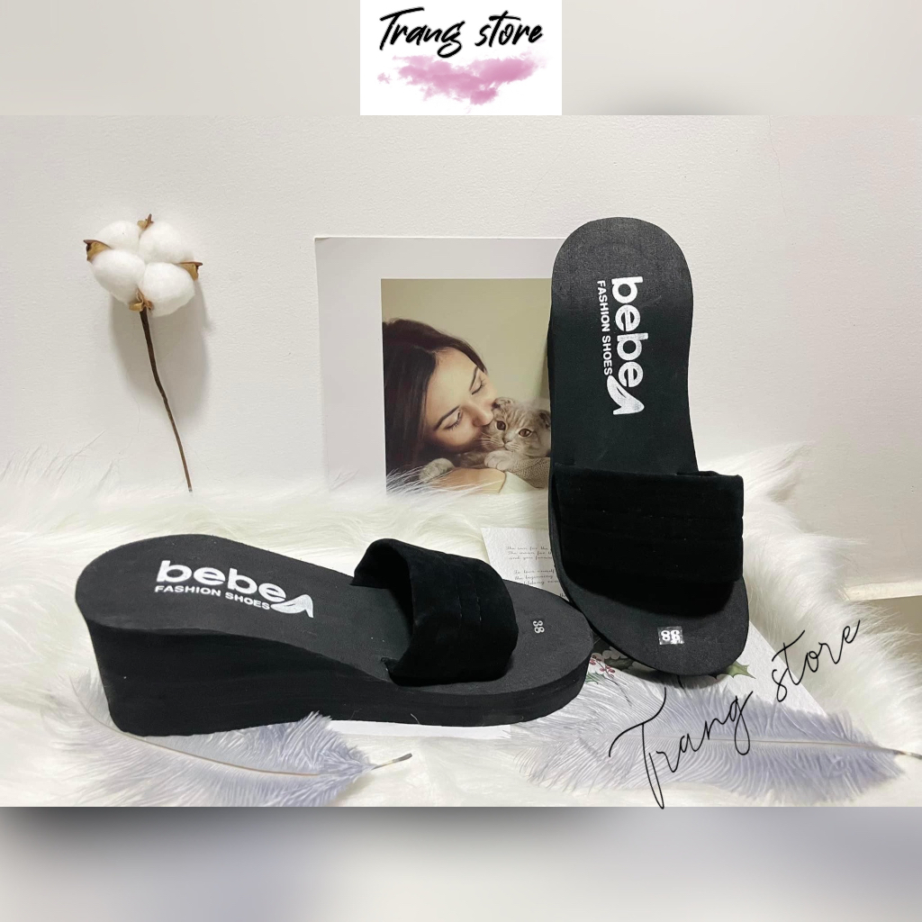 Dép xốp nữ cao gót 5cm-7cm quai ngang nhung đen đế độn siêu nhẹ
