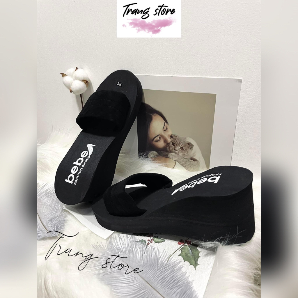 Dép xốp nữ cao gót 5cm-7cm quai ngang nhung đen đế độn siêu nhẹ