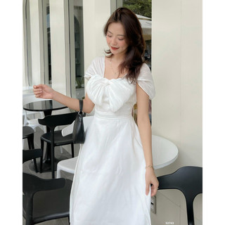 Đầm midi trắng dáng xòe bèo voan nơ ngực bản to tay tiên dự tiệc váy cưới cô dâu