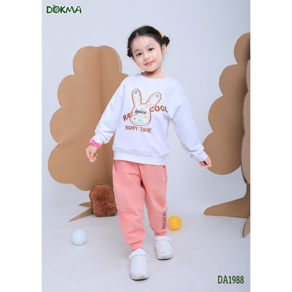 DOKMA Áo cố tròn dài tay bé gái cotton thu đông Dokma