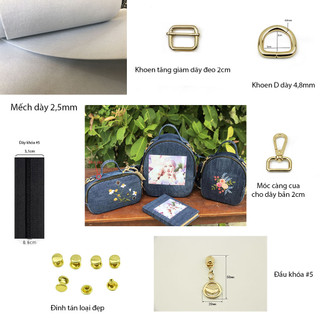 , Mếch may túi, Khoen D, Móc càng cua, Khoen tăng giảm, Khóa kéo, Đầu khóa kéo