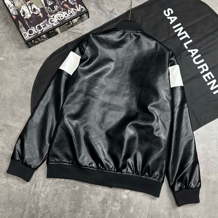 Áo Khoác Da Bomber Bản Phối Viền Tay Trắng Chất Da Ti Tan Chống Bong Chuẩn Hàng Tàu