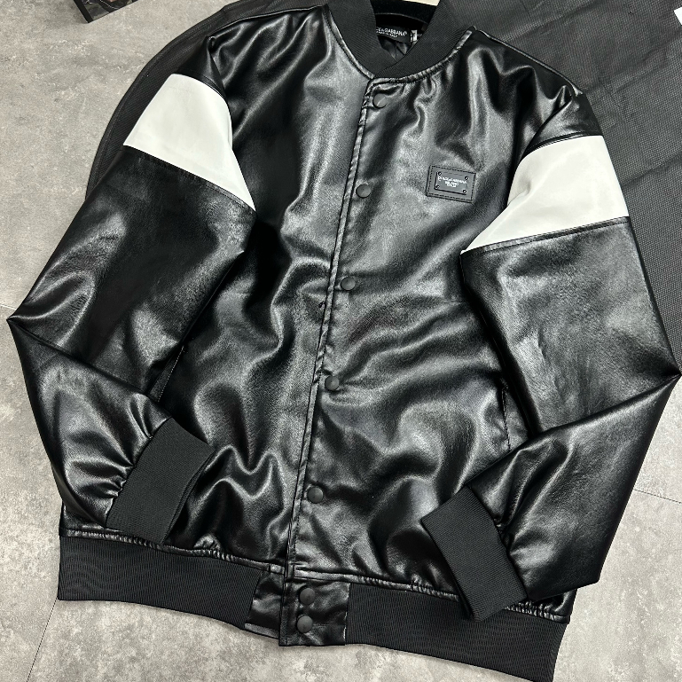 Áo Khoác Da Bomber Bản Phối Viền Tay Trắng Chất Da Ti Tan Chống Bong Chuẩn Hàng Tàu