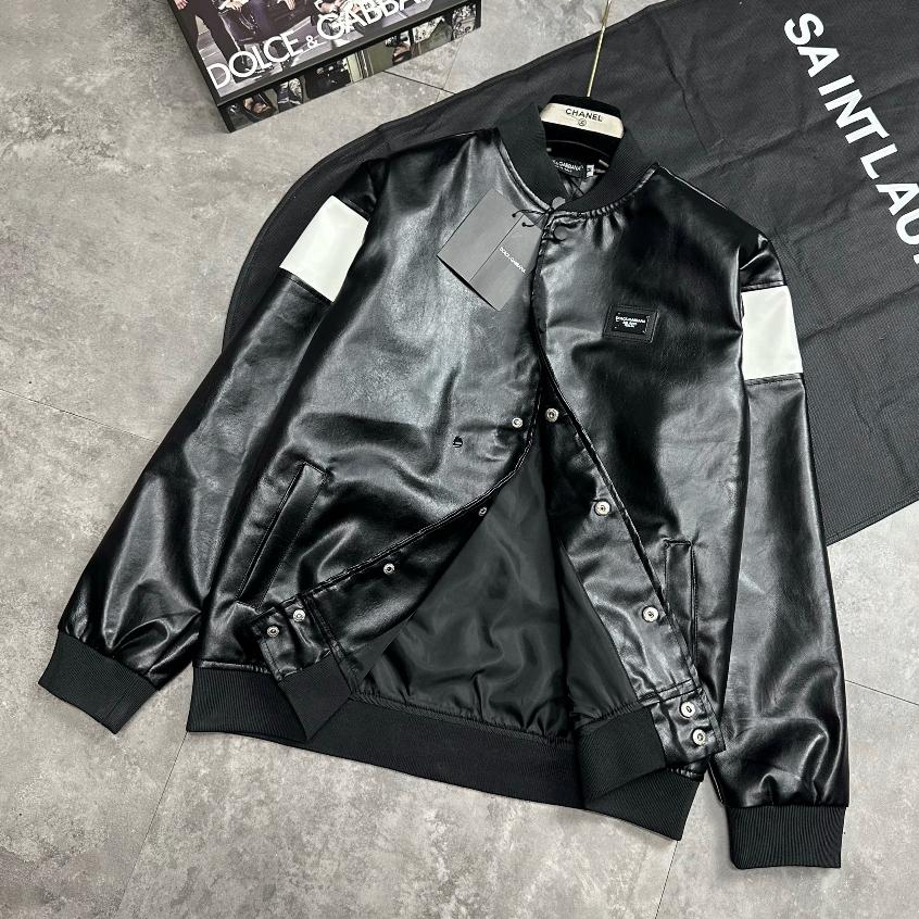 Áo Khoác Da Bomber Bản Phối Viền Tay Trắng Chất Da Ti Tan Chống Bong Chuẩn Hàng Tàu