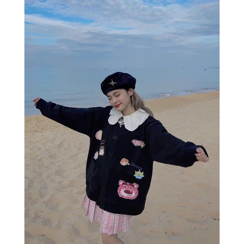 Áo Cardigan Len Lotso thêu hình cực kute, phong cách Hàn Quốc cực đẹp