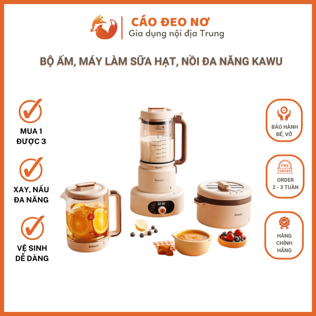 3 In 1 Bộ Nồi, Máy Sữa Hạt, Nồi Nấu Đa Năng Kawu Mẫu Mới Nhất Bảo Hành 12 Tháng - Cáo Đeo Nơ