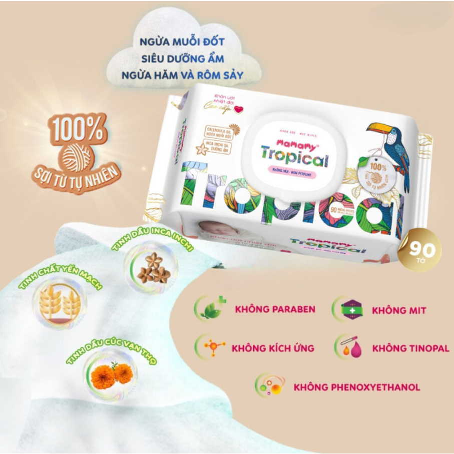 Khăn Ướt Mamamy tropical 90 tờ 100% sợi tự nhiên cho bé - Mini Home