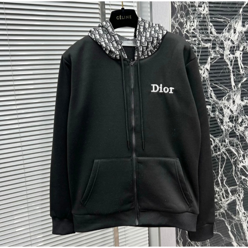Áo Khoác Hoodie Zip Nam Nữ CD Thêu Chữ Ngực Phối Mũ Hoạ Tiết Chữ Thổ Cẩm Monogram Chất Nỉ Bông Hot Trend Nam Nữ