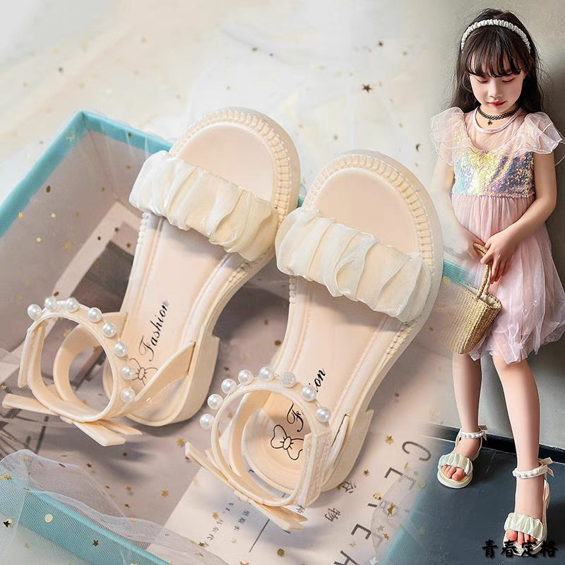 Dép sandal bé gai đính châu quai ngang nhún vải cao cấp đế cao su chông trượt quai ngang nhún