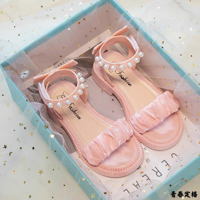 Dép sandal bé gai đính châu quai ngang nhún vải cao cấp đế cao su chông trượt quai ngang nhún